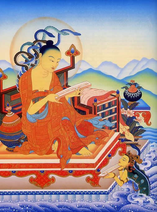 A naga offers sutras to Nagarjuna